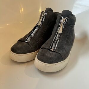 Frye Dark Gray Suede Front-Zip Wedge Sneakers
